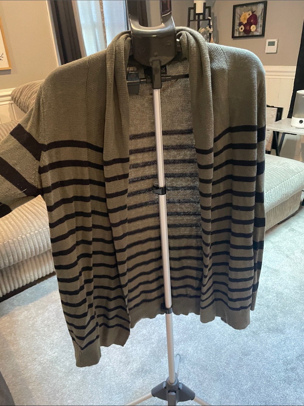 a.n.a Olive Green and Black Striped Open-Front Cardigan